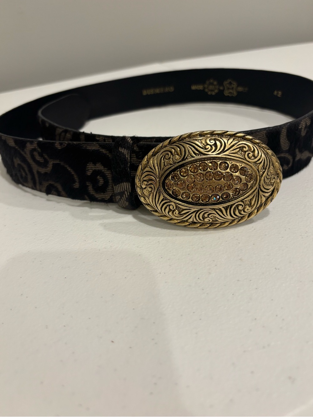 Dismero Dark Brown Faux Fur and Leather Belt with Ornate Gold Buckle